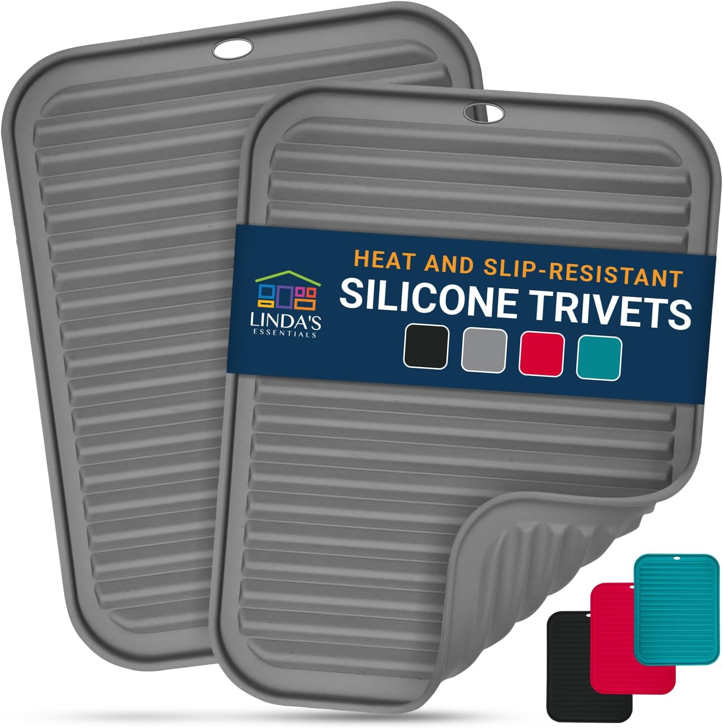 Silicone Trivets | Heat-Resistant Pot Holders for Hot Dishes - 2 Pack (9 x 12 Inch) - Grey Counter Mats