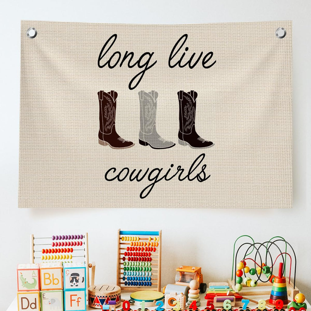 QROZIAR Trendy Long Live Cowgirls Banner Wall Decor, Western Flags for Bedroom Teen Girls, Rustic Country Cowgirl Boots Canvas Banner Wall Hanging Banner, Girly Wall Flags for Kids Room Playroom College Dorm Decor