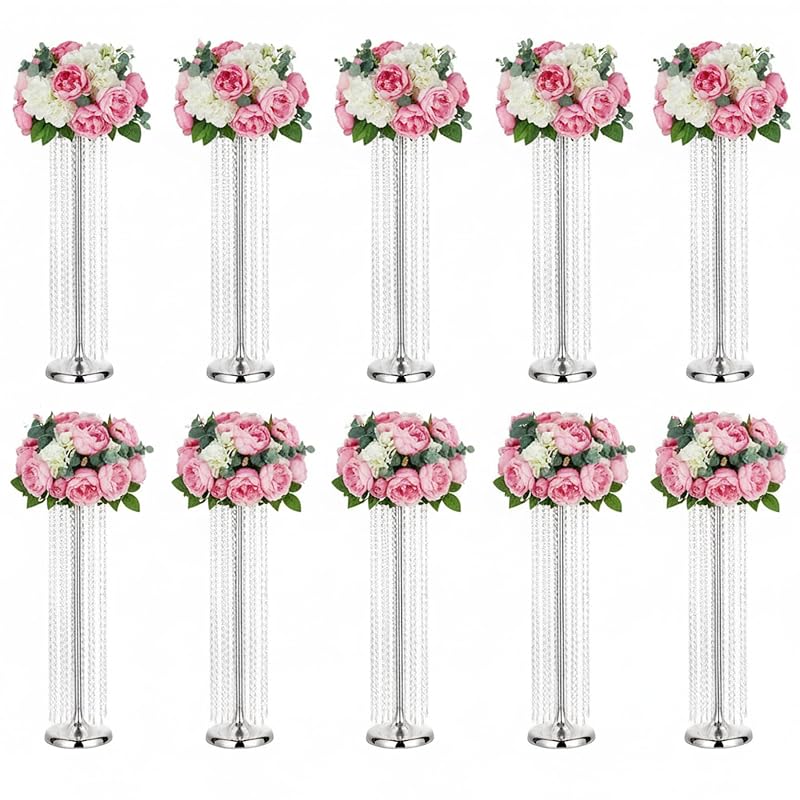 Silver Wedding Centerpiece Vases Set of 10 - 35.4in Tall Metal Acrylic Crystal Stands (Variation: Silver+10 Pc - 35.4inch)