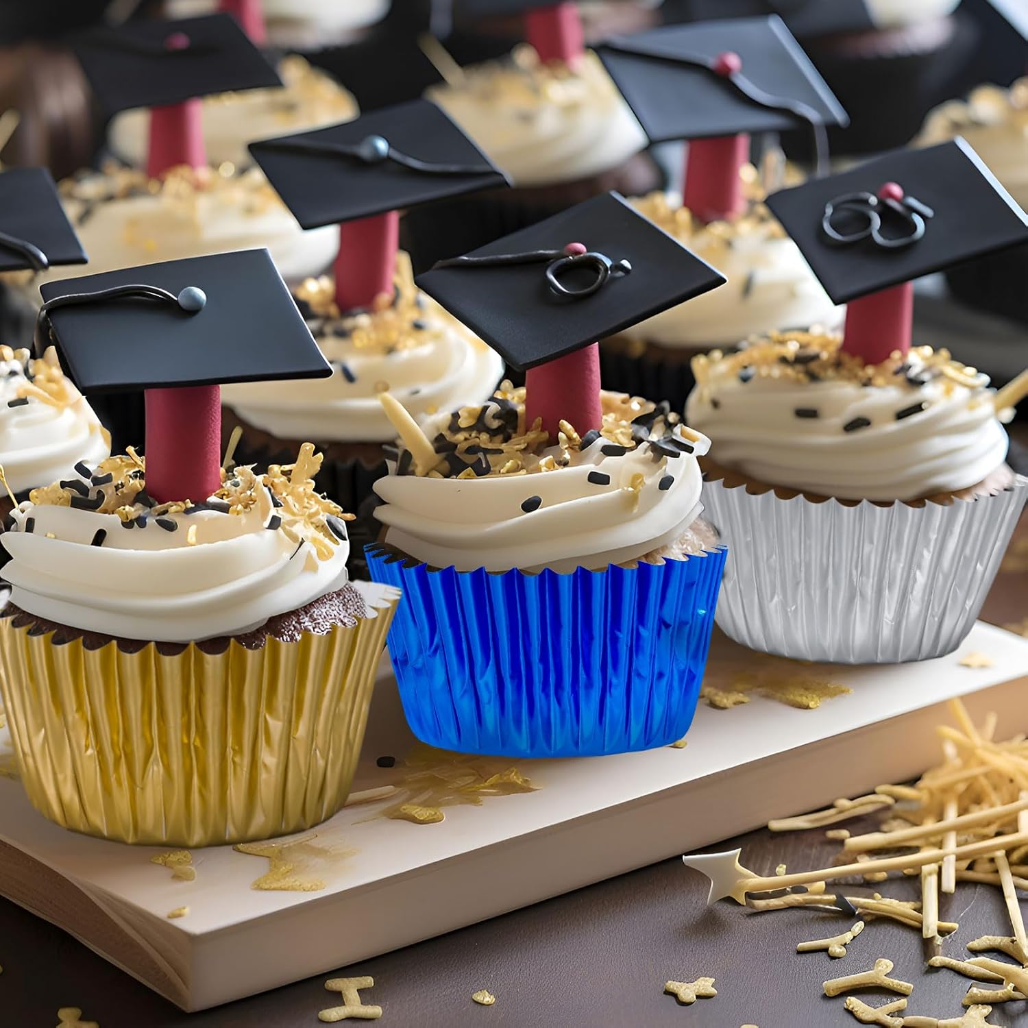 Whaline Graduation Cupcake Liners - 150Pcs Blue, Silver & Gold Foil Baking Cups for Party Celebrations