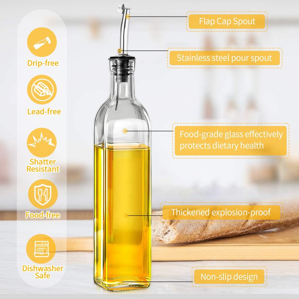 WEILAIDI Olive Oil Dispenser Bottle, 1 Pcs Glass Oil and Vinegar Dispenser Set with 2 Stainless Steel Pourers, 2 Labels,1 Brush and 1 Funnel Oil Bottles for Kitchen (17oz/500ml)