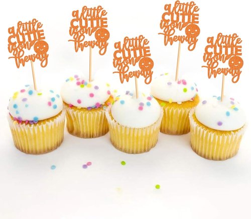 Ercadio Baby Shower Cupcake Toppers - 24 Pcs Orange "A Little Cutie" Party Decorations