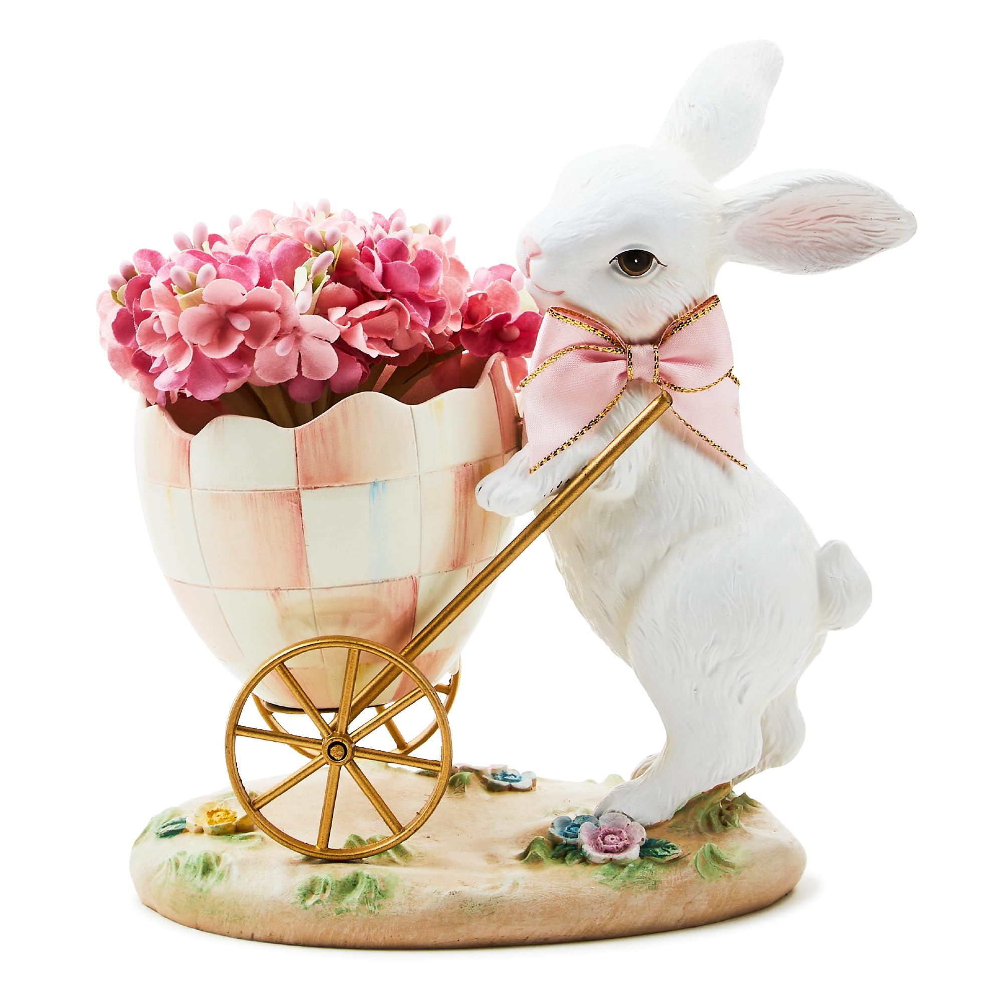 MACKENZIE-CHILDS Bunny Egg Cart Figurine, Resin Spring and Easter Bunny Decor, Rosy Meadow