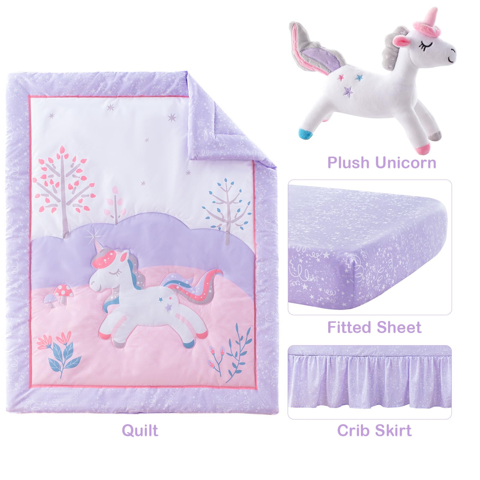 TCOYIWL 4-Piece Crib Bedding Set for Baby Boys Girls, Infant Toddler Nursery Baby Bedding Sets Includes Cartoon Quilt, Fitted Crib Sheet, Crib Skirt and Plush Unicorn Toy
