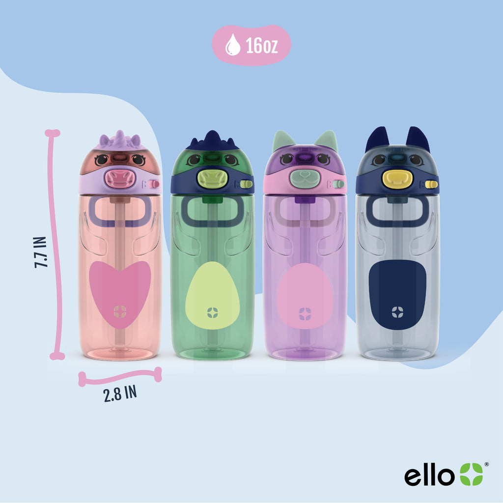 Ello Ellies 16oz Plastic Kids Water Bottle with Straw and Built-in Carrying Handle and Leak-Proof Locking Lid for School backpack, Lunchbox and Outdoor Sports, Dog