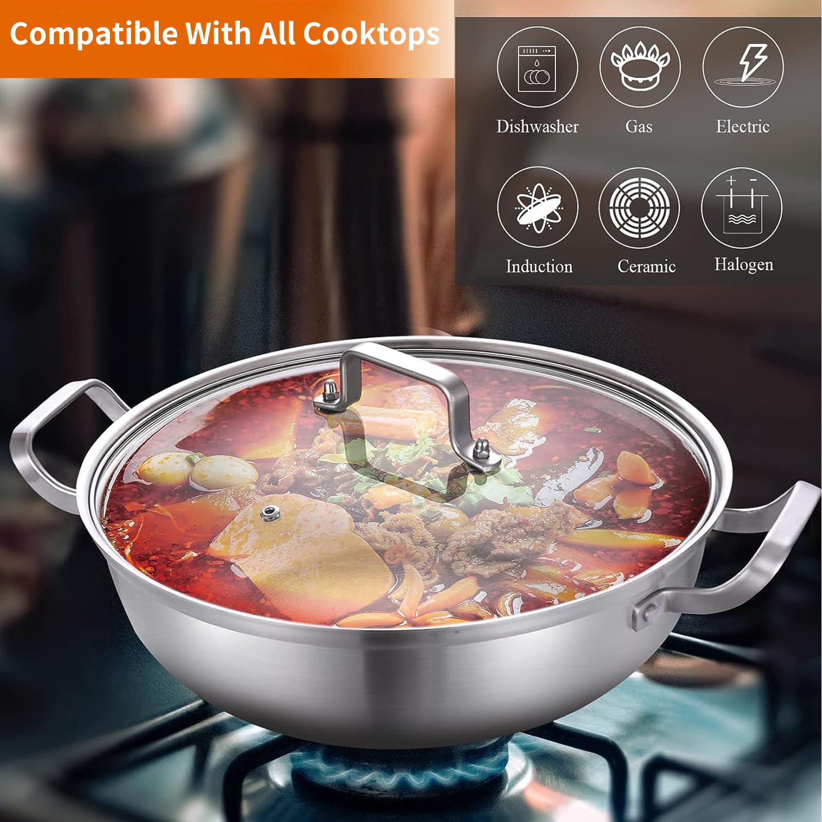 Delarlo Tri-Ply Stainless Steel 12 inch Everyday Pan with Glass Lid, Deep Saute Pan, Kitchen Everything Pan, High Side Chef's Pans, Induction Cooking Pot, Dishwasher Safe, 4QT Stock Pot Up To 600℉