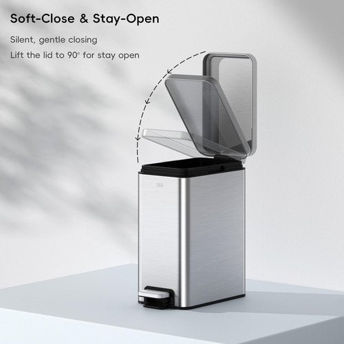 EKO Small Bathroom Trash Can - Soft Close Lid & Step Pedal | 6L Stainless Steel, Anti-Fingerprint Finish