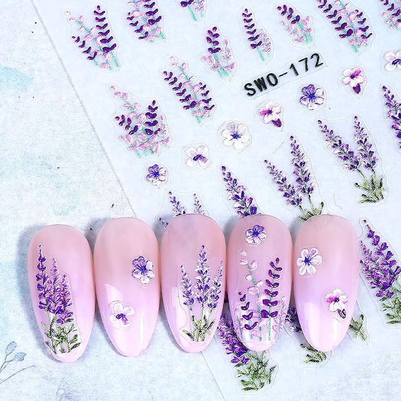 Guroenky 5D Embossed Lavender Nail Art Stickers Self-Adhesive Floral Decals