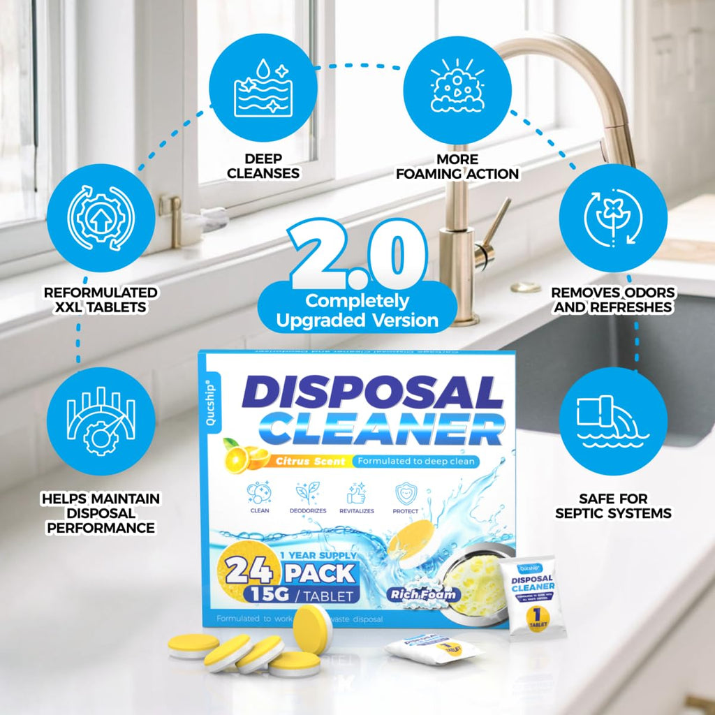 Garbage Disposal Cleaner and Deodorizer Tablets - 24 Pack, Powerful XXL Foaming Disposal Cleaner - Citrus Scented Foam, Natural Garburator & Sink Freshener, Septic Safe Kitchen Drain Cleaning Care