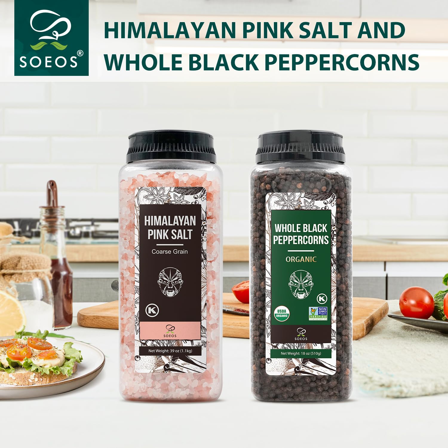 Soeos Himalayan Pink Salt Coarse 39 oz | Organic Black Peppercorns 18 oz - Non-GMO Spice Set for Cooking