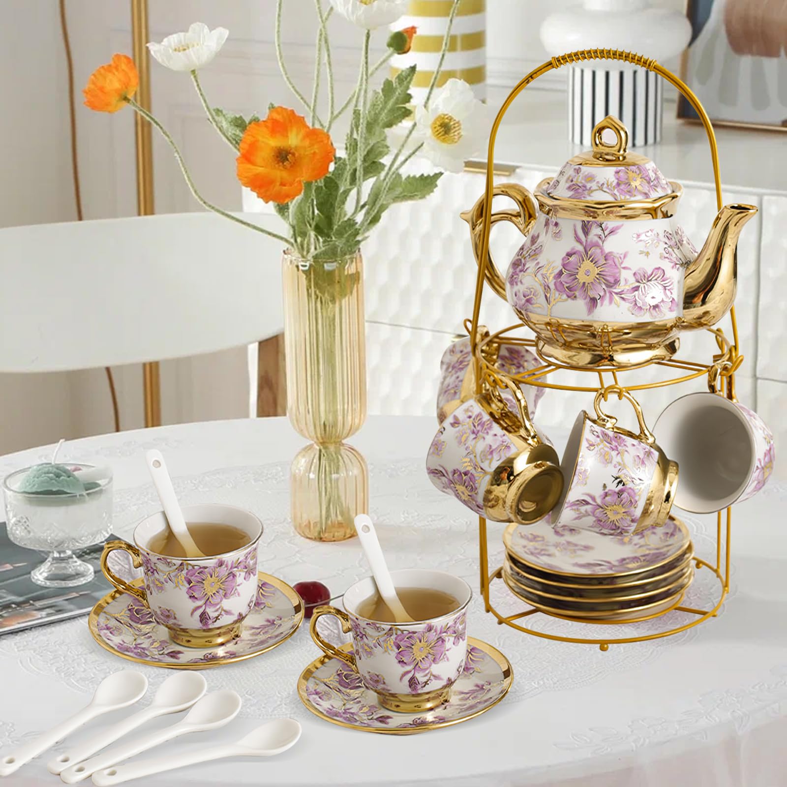 YTDTKJ 20 PCS Ceramic Tea Sets for Women Tea Party, Purple Pattern Tea Set with Gold Shelf, Flower Porcelain Tea Set with 6 Plates & 6 Spoons, Coffee Cup Set for Restaurant Hotels Dinner