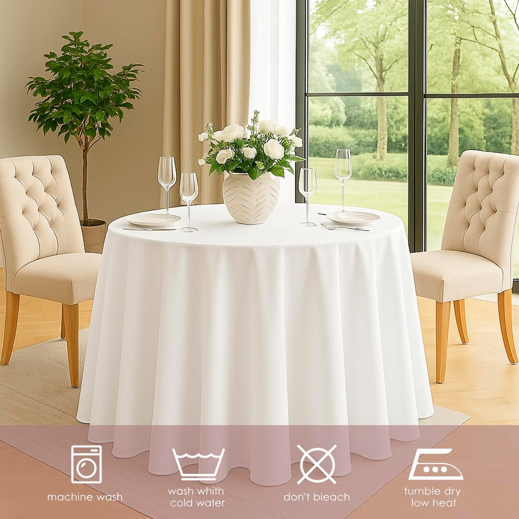 Craft And Party 10 Pack 108 Inch White Round Tablecloth, Polyester Fabric Washable Table Cloth for Home, Party, Wedding or Restaurant Use.