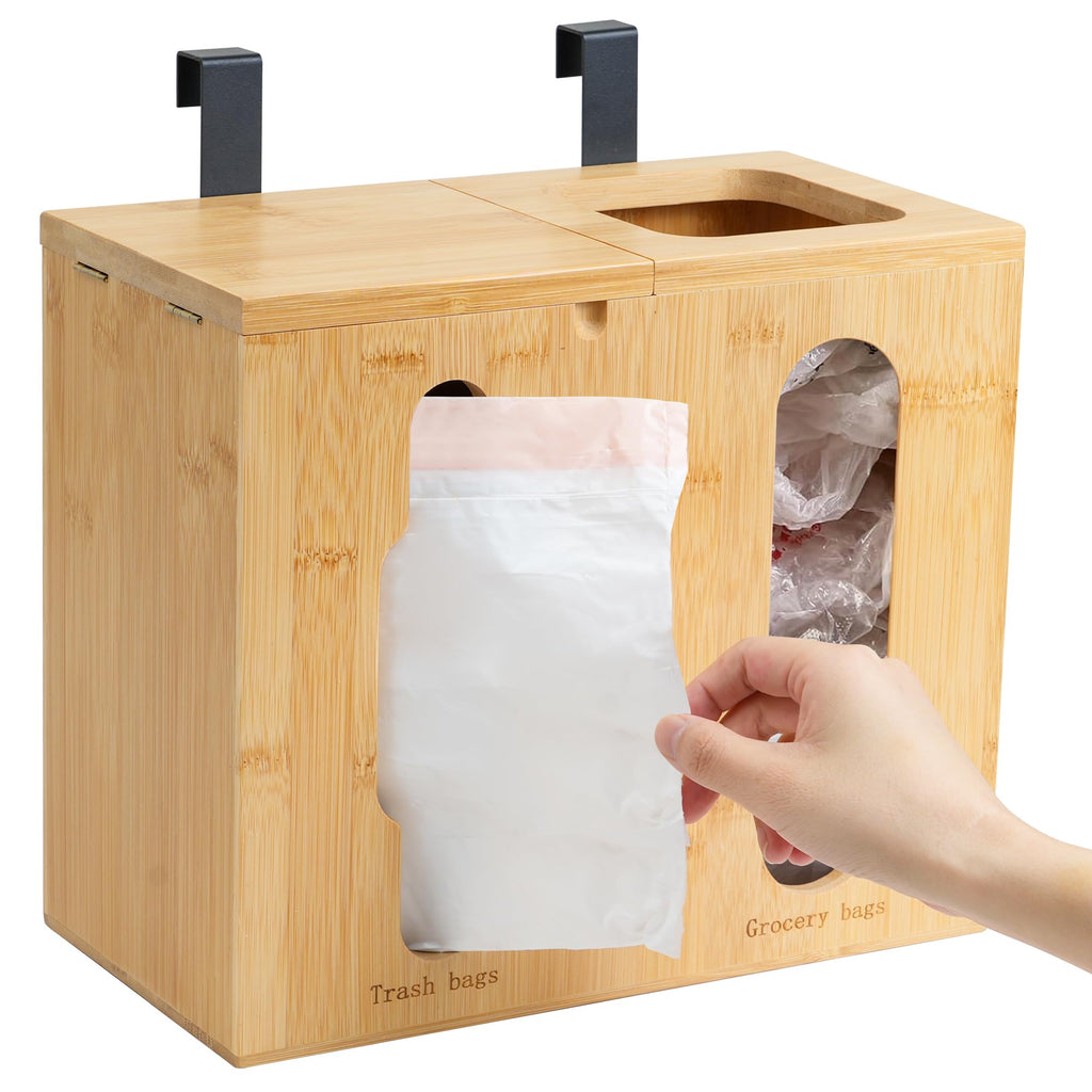 Bambition Trash Bag Dispenser & Grocery Bag Organizer, 2 in 1 Bamboo Garbage Bags Storage Box for Cabinet Door or Wall Mount