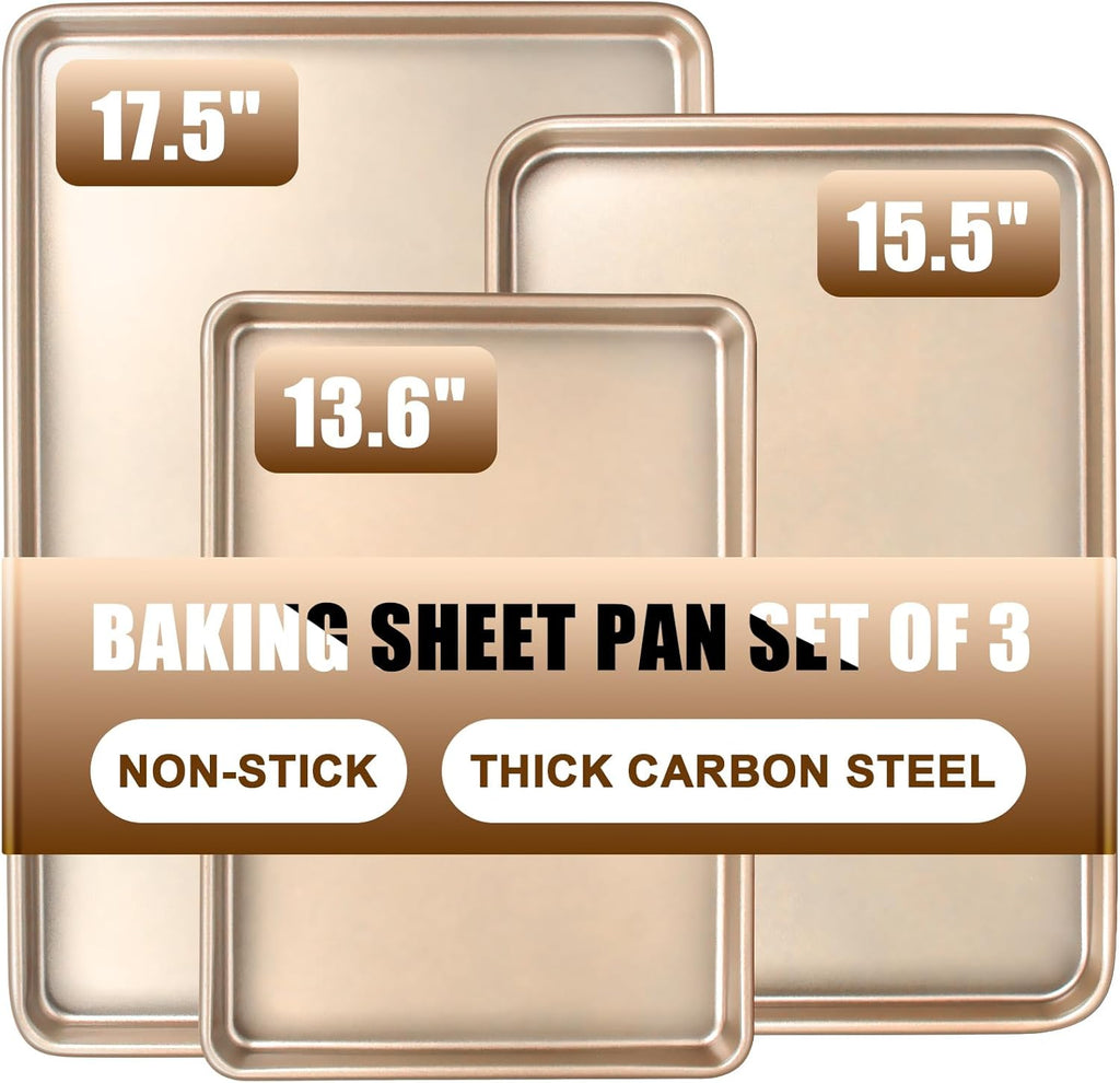 Skiennix Baking Sheet Pan Set - Nonstick Heavy Duty Cookie Sheets | 3 Sizes in Champagne Gold