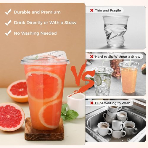 GGOLDMER 20 oz Disposable Plastic Cups - Clear Iced Coffee Cups with Strawless Sip Lids | 25 Sets
