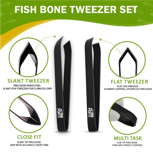 Fish Bone Pliers/Tweezers – Serrated Jaw Plier + Flat & Slant Tweezers | Stainless Steel Pin Bone Remover & Deboning Tools for Salmon, Trout & All Seafood
