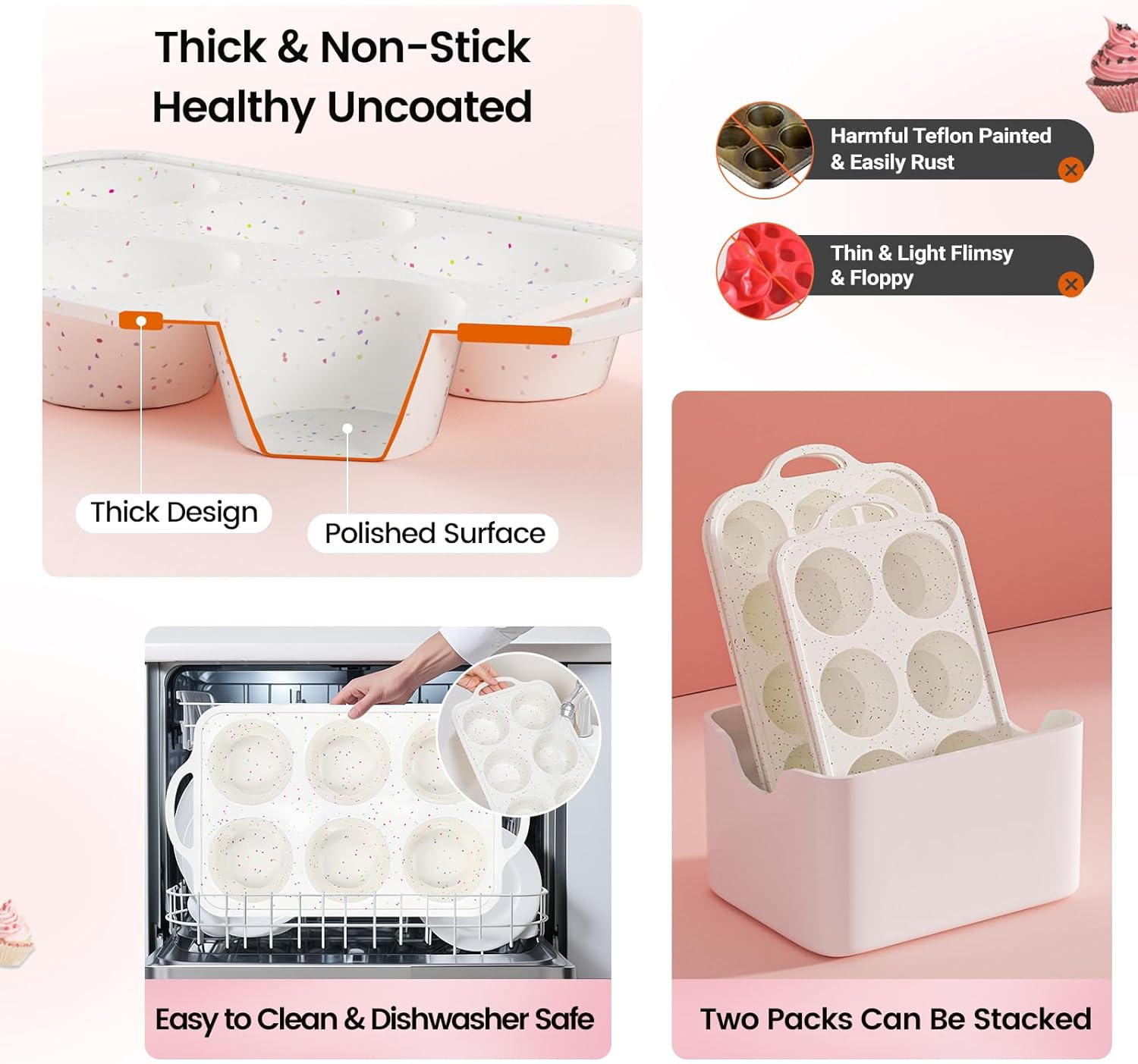 Skiennix Jumbo Muffin Pan Set - Non-Stick Food Grade Silicone | 6 Cup with Metal Frame & Handles, BPA-Free