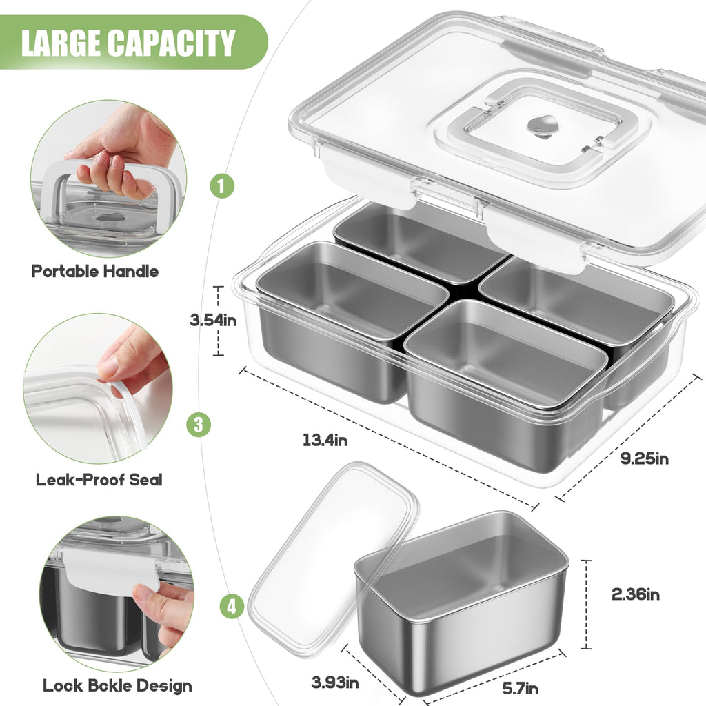 Snackle Box Container, 304 Stainless Steel Divided Serving Tray with Lid and Handle, Portable 4 Compartments Veggie Tray for Fruits,Veggies,Nuts &Candy, Dishwasher Safe for Travel,Picnic,Beach&Parties