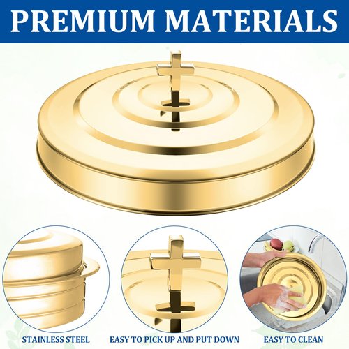 Newtay Gold Communion Trays Cover Stainless Steel Round Holy Cup Tray Cover for Churches Communion Supplies, 11 Inches