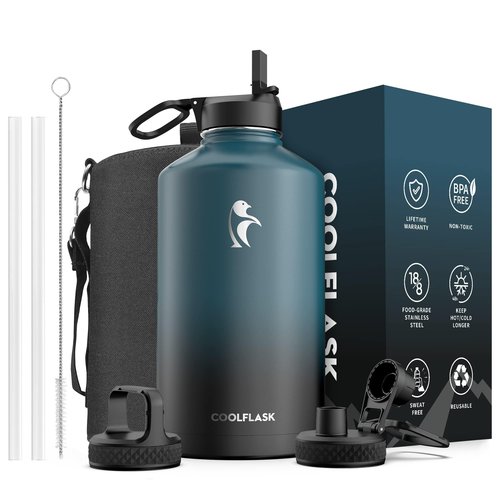 Coolflask 128 oz Gallon Water Bottle Insulated with Straw&3 Lids, Water Jug Large Stainless Steel Metal Vacuum Wide Mouth for Sports, Gym or Office, Non-BPA Keep Cold 48H Hot 24H, Samurai Cyan