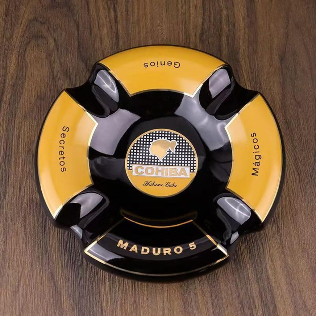 5 Cigar Ashtray, Black and Gold, Round Ceramic, 4 Rests