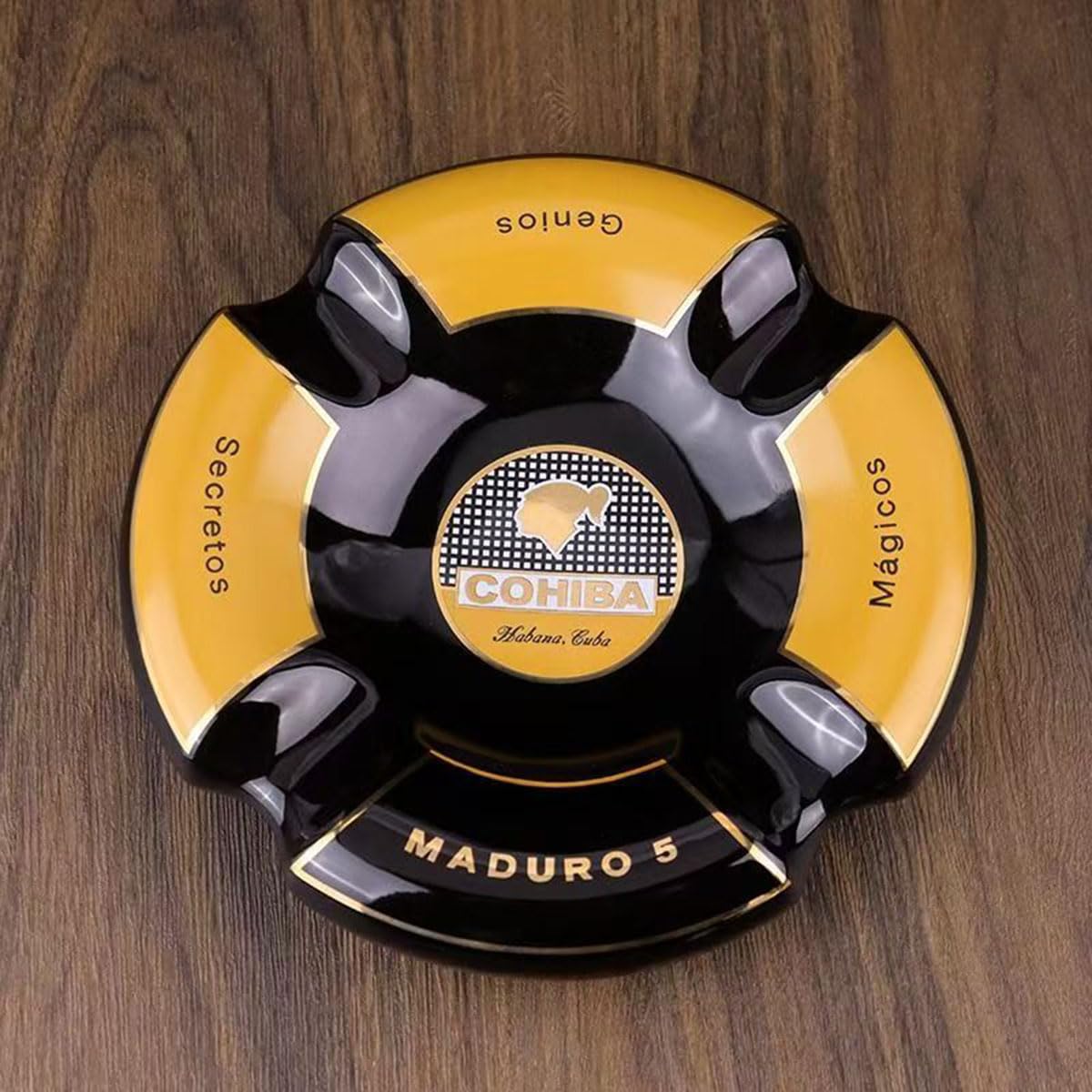 5 Cigar Ashtray, Black and Gold, Round Ceramic, 4 Rests