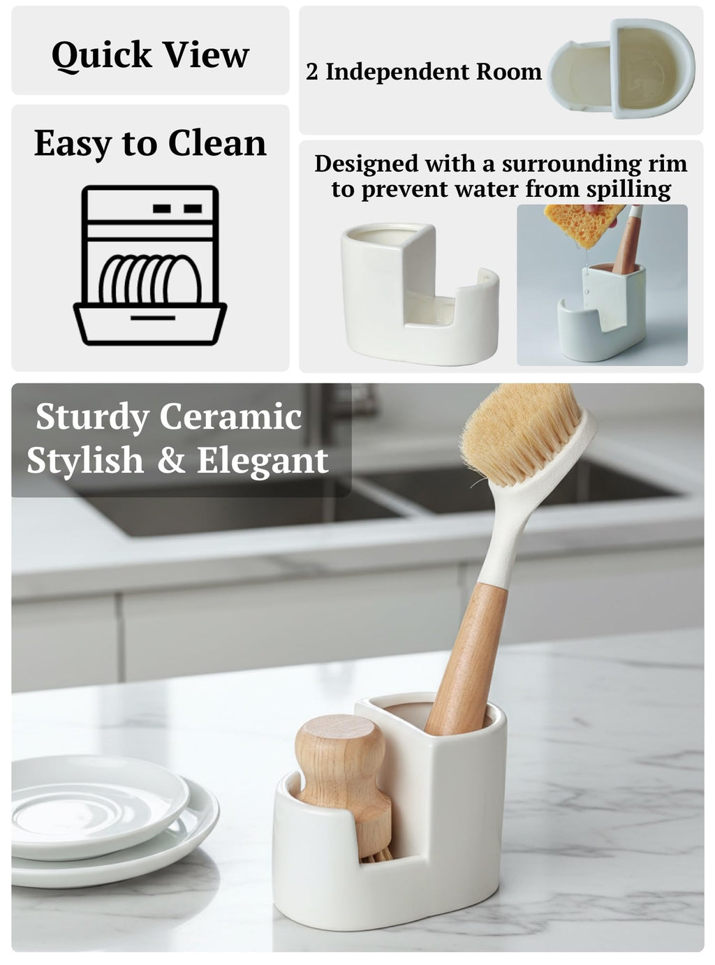Ceramic Sponge Holder for Kitchen Sink, 2-in-1 Sponge & Brush Organizer, Compact Countertop Sink Caddy with Raised Edge to Catch Drips, Keeps Countertops Dry, Dishwasher Safe, Rustproof, White