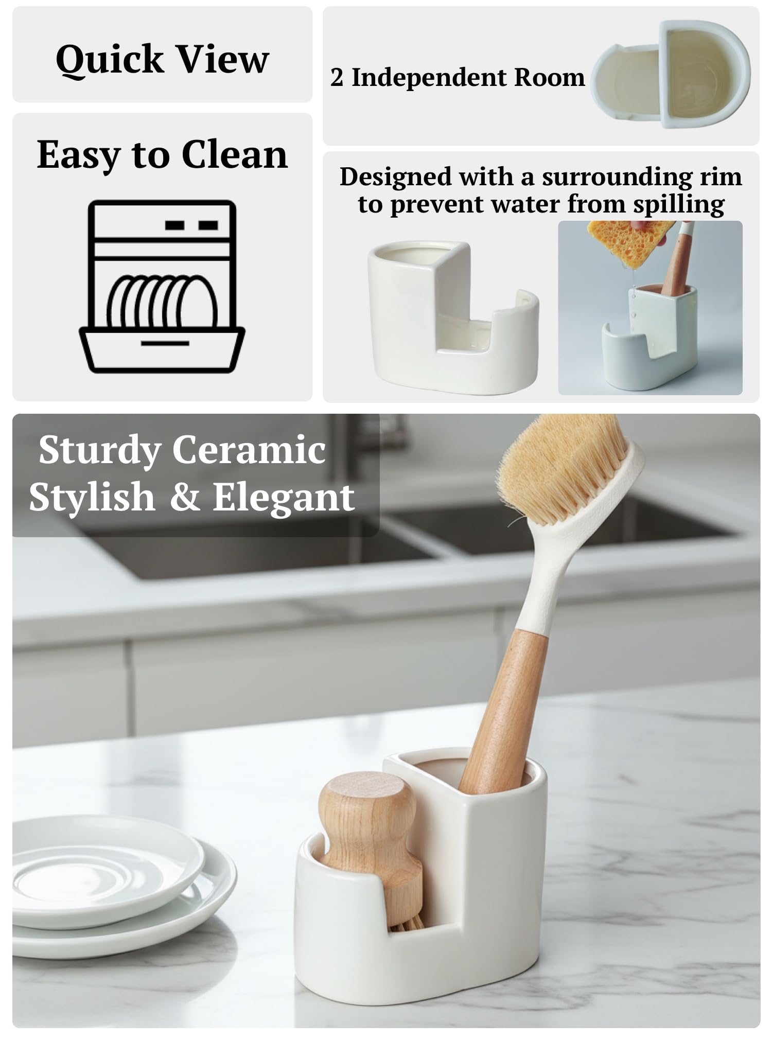 Ceramic Sponge Holder for Kitchen Sink, 2-in-1 Sponge & Brush Organizer, Compact Countertop Sink Caddy with Raised Edge to Catch Drips, Keeps Countertops Dry, Dishwasher Safe, Rustproof, White