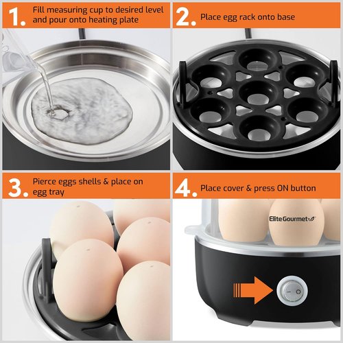 Elite Gourmet Easy Egg Cooker - Electric 7-Egg Capacity for Soft, Medium, Hard-Boiled Eggs | Auto Shut-Off, BPA Free, Classic Black