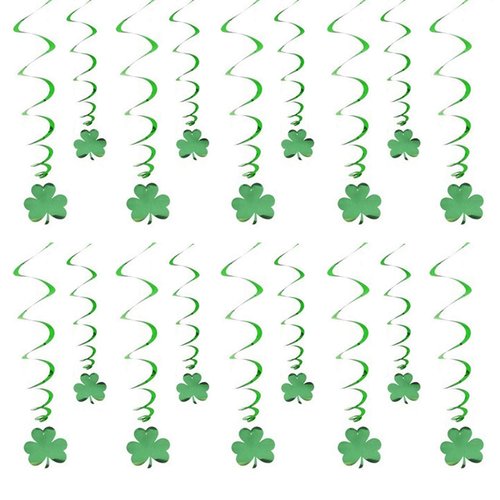 St Patricks Day Shamrock Hanging Swirls Ceiling Decorations 18pcs Glitter Green Spring Lucky Clover Foil Ornaments Garland for Tree Irish Holiday Wall Window Garden Wedding Party Home Decor