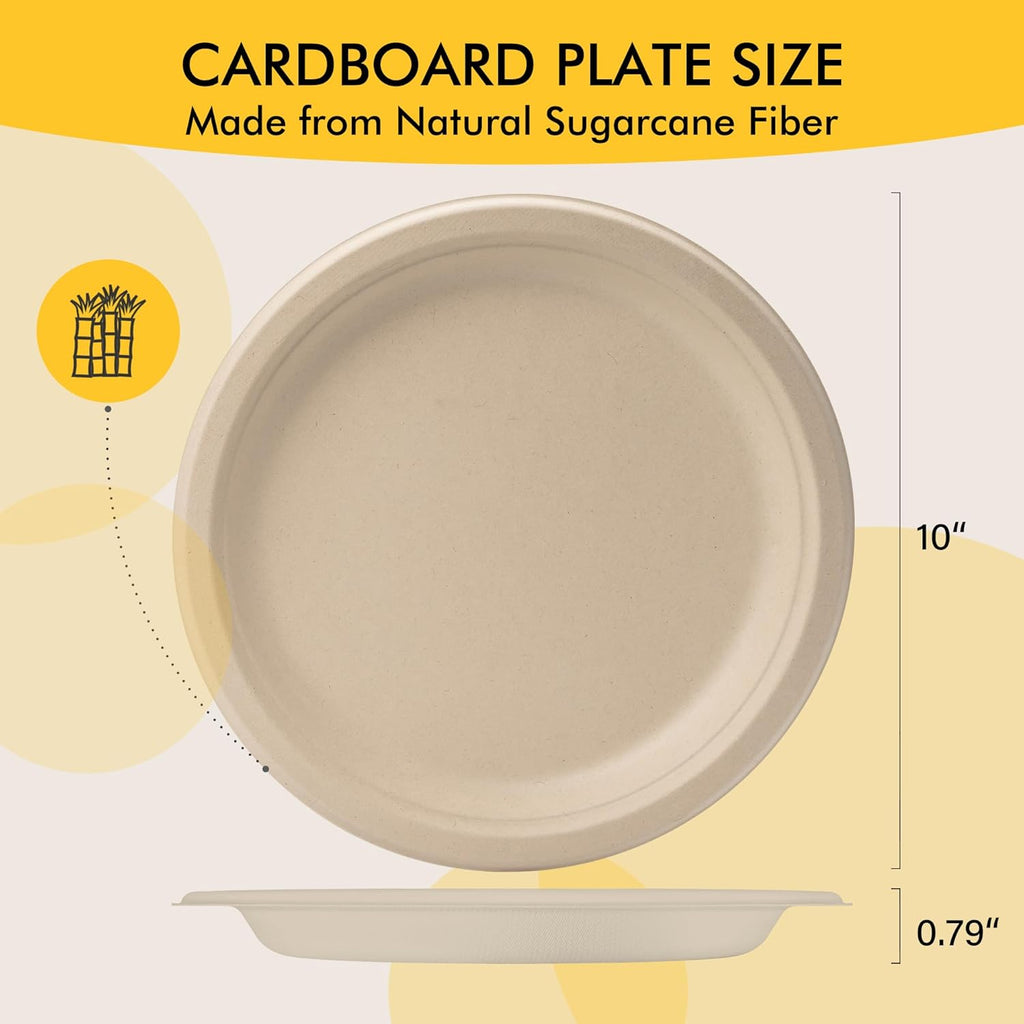 RACETOP Compostable Paper Plates - 10 Inch Heavy Duty Biodegradable Plates | 150 Pack, Unbleached Brown