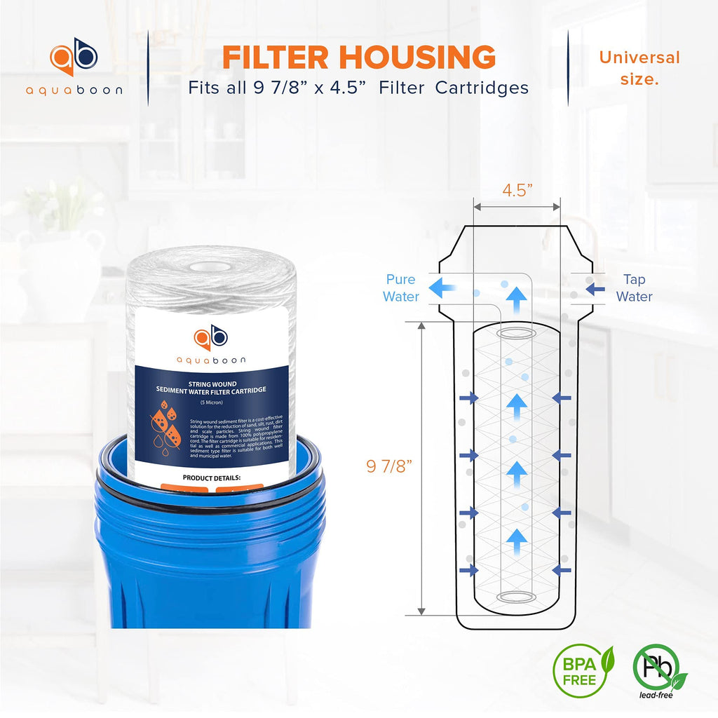 Aquaboon 5 Micron Water Filter 10 x 4.5 inch - String Wound Water Filter for Whole House System - Compatible with 84637, WPX5BB97P, PC10, 355214-45, 355215-45, WP10BB97P, WP5BB97P (6 Pack)
