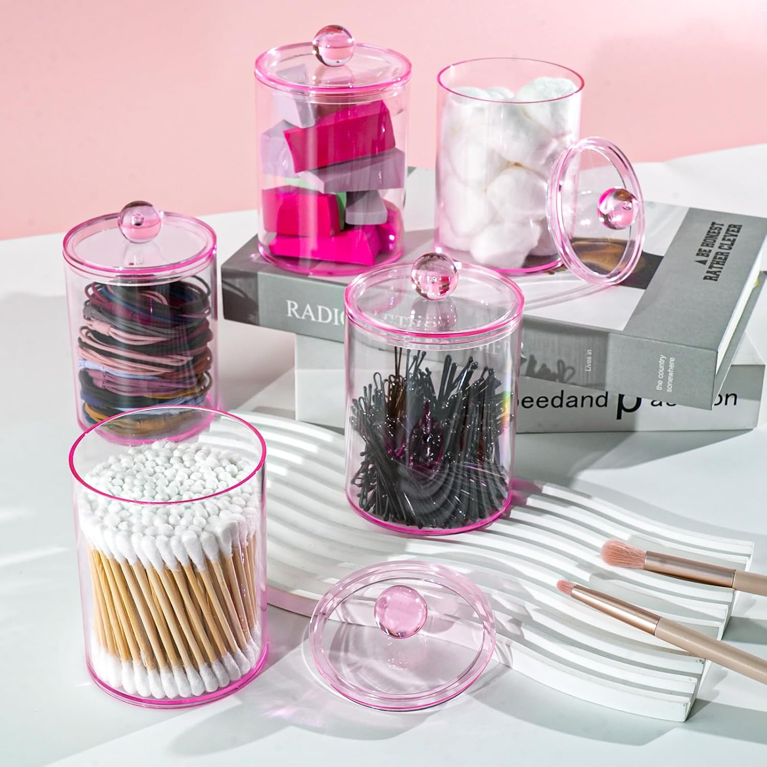 XIPENGKEJI Qtip Holder Set - Stylish Apothecary Jars for Cotton Swabs & Pads | 10oz-12oz Pink Canisters