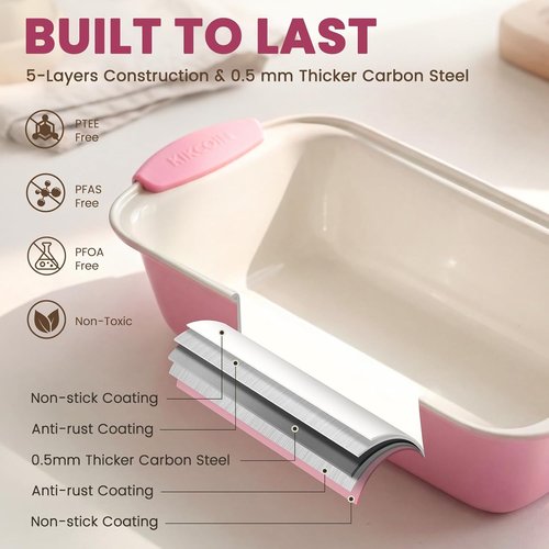 Kikcoin Nonstick Baking Pans Set - 22 PCS Stackable Bakeware with Silicone Handles | 450°F Oven Safe, Pink