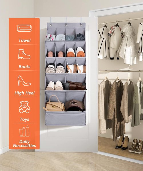 FENTEC Over-The-Door Shoe Organizer - 15 Pocket Hanging Rack for Closet Storage | Gray