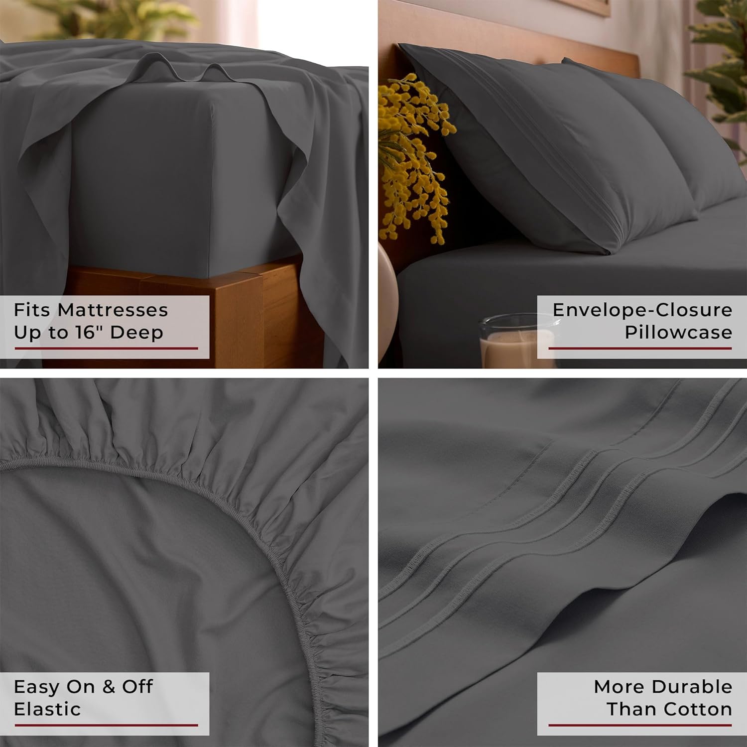 Mellanni Queen Sheets Set - 4 PC Luxury Bedding Collection | Extra Soft, Cooling, Wrinkle-Resistant - Gray