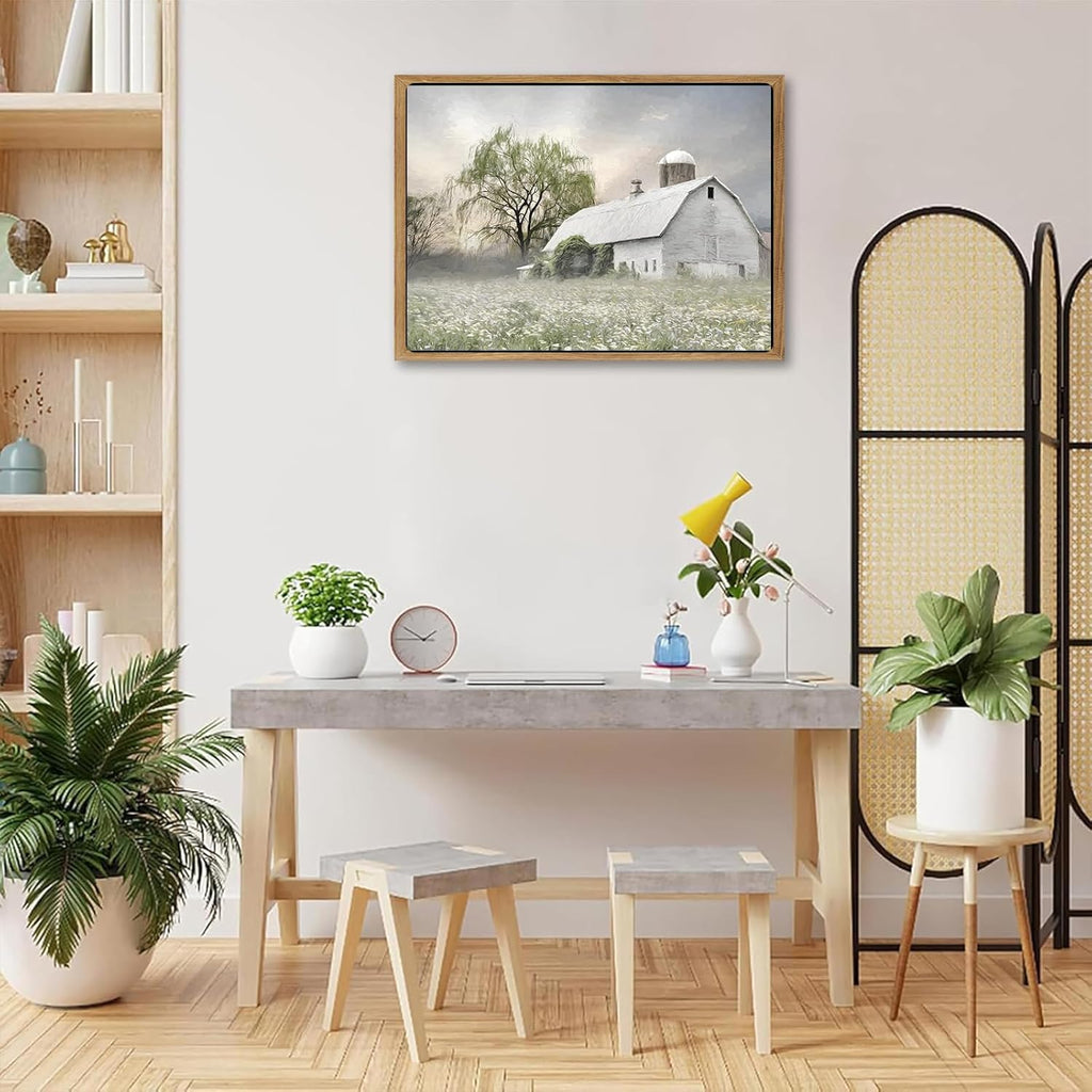 Skiennix Rustic Farmhouse Canvas Wall Art - White Barn Wildflower Landscape Painting | 16x12 in for Bedroom & Living Room Decor