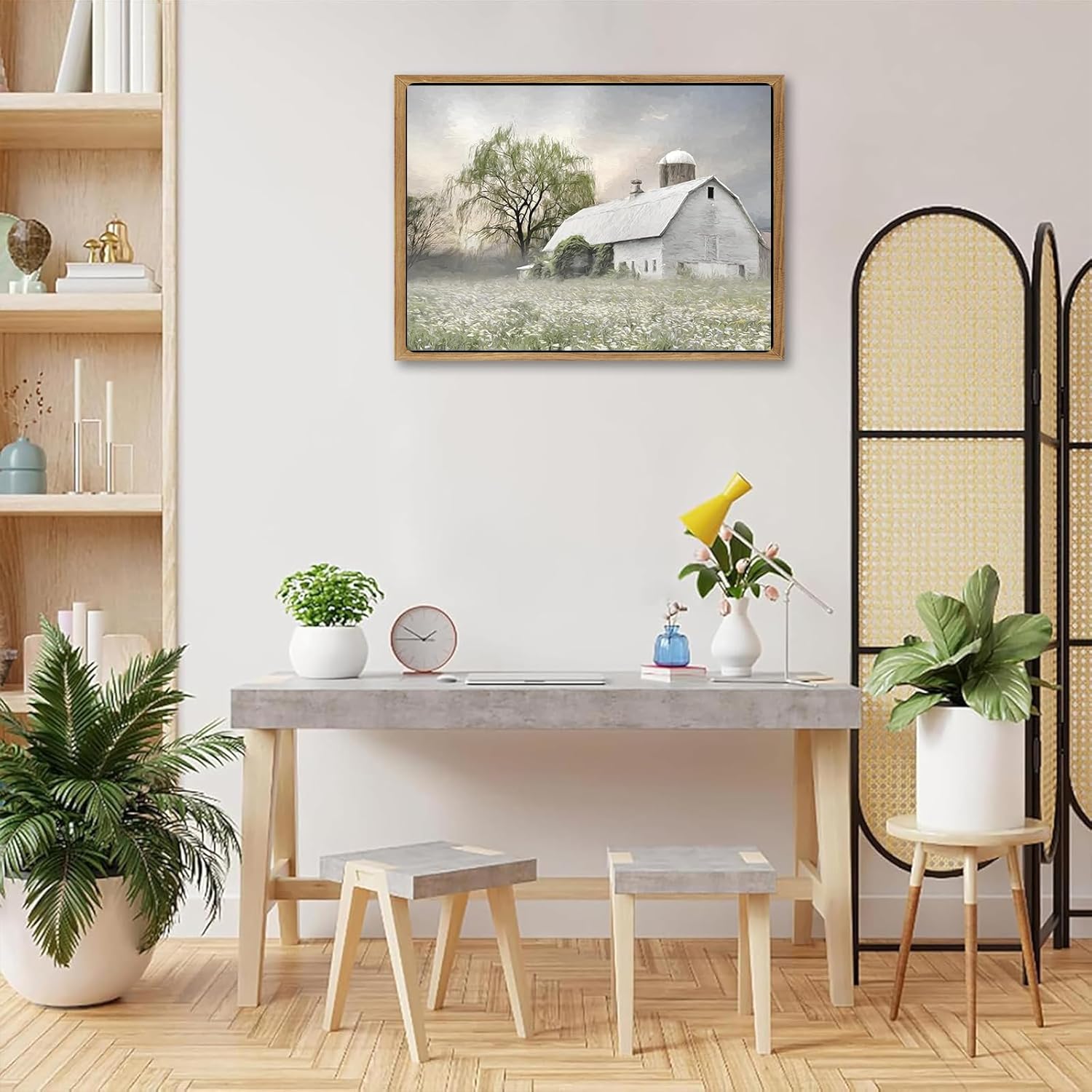 Skiennix Rustic Farmhouse Canvas Wall Art - White Barn Wildflower Landscape Painting | 16x12 in for Bedroom & Living Room Decor