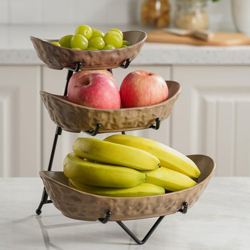 KOKUNKA 3 Tier Fruit Bowl for Kitchen Counter, Ceramic Fruit Basket with Metal Stand Tiered Fruit Display Set for Fruit, Vegetable, Cake, Dessert, Nuts, Snack, Brown