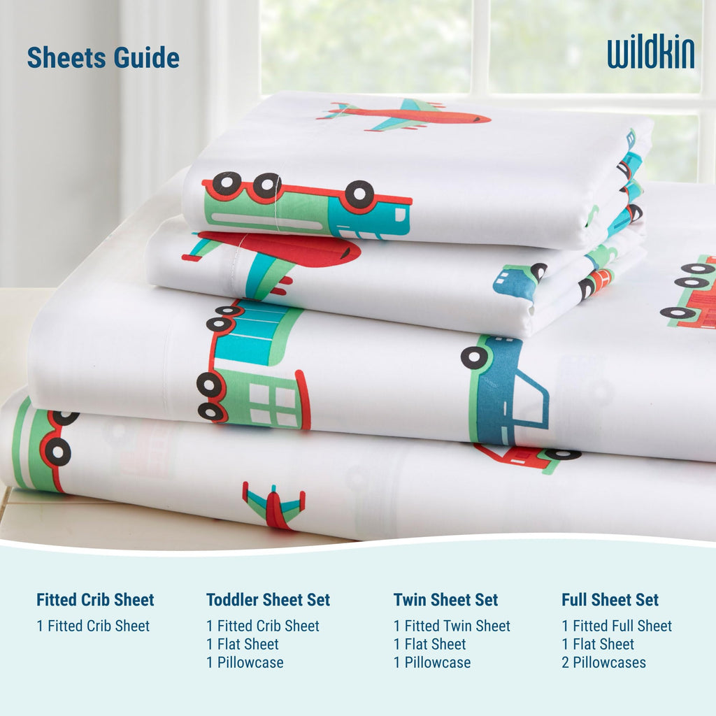 Wildkin 100% Cotton Toddler Sheet Set – Soft & Cozy Bed Sheets - Trains, Planes, and Trucks