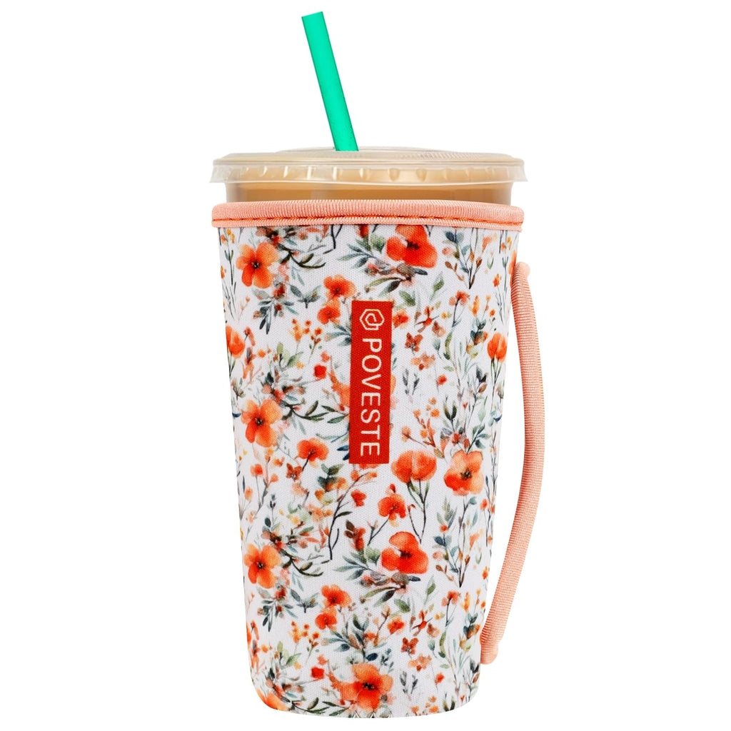 Reusable Neoprene Insulator Sleeve for Iced Coffee & Cold Soda, Coffee Sleeves for Iced & Hot Drinks, Cold Beverage Cooler Compatible with Starbucks, Dunkin (Flower Power, Large: 32oz)