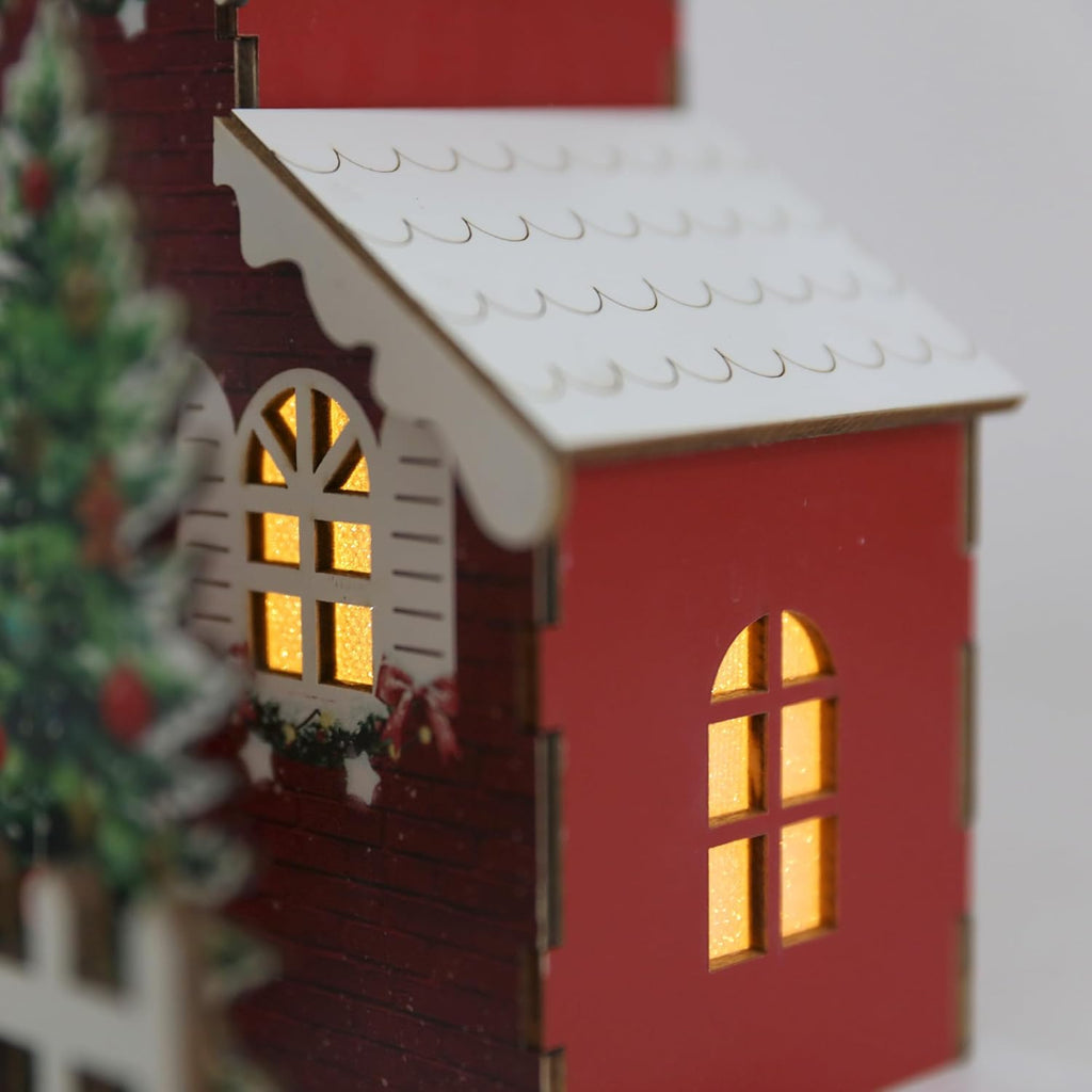 Wooden Lighted Christmas Church Decor | 11.8” Xmas Village Chapel with LED Lights & Snowman