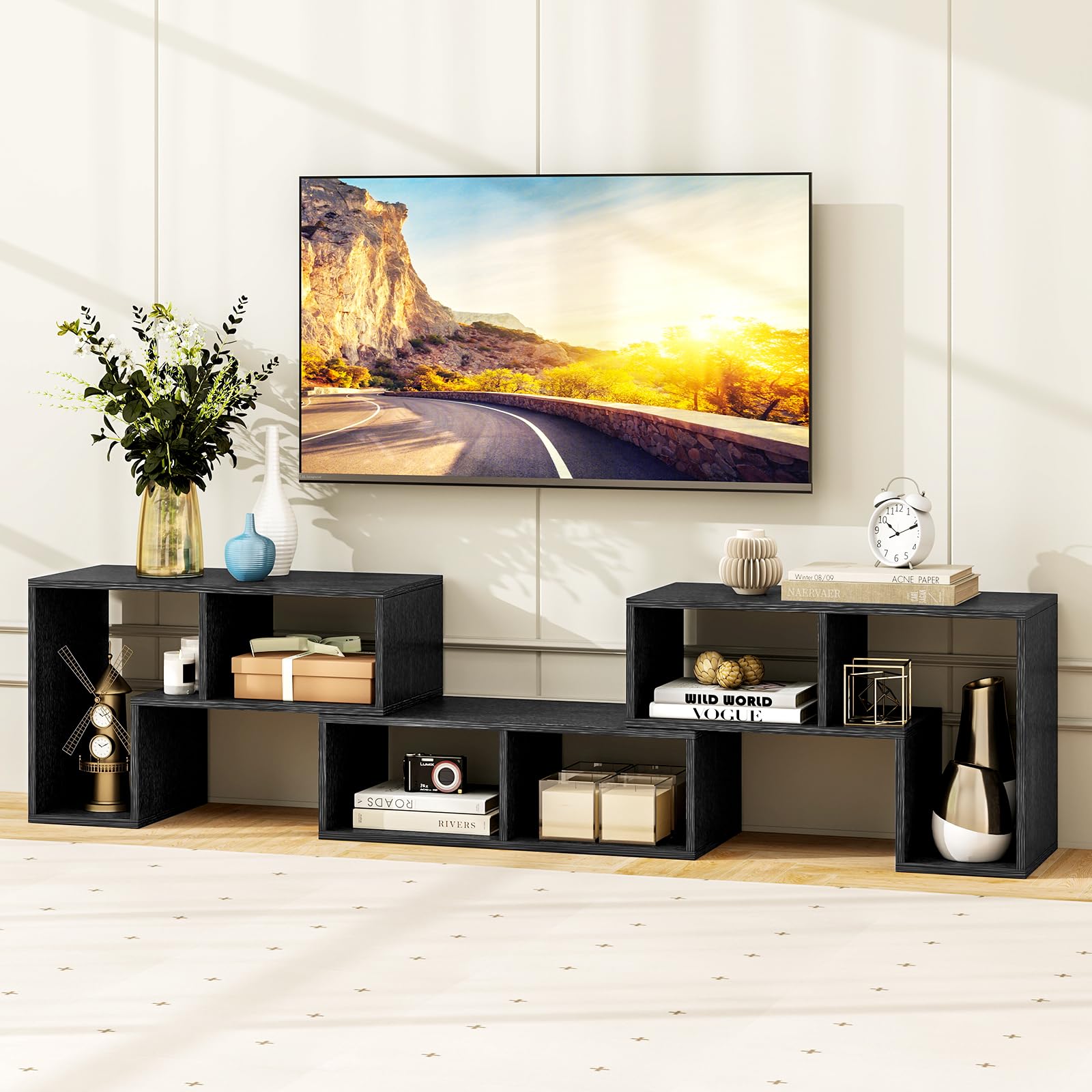 Tangkula 3 Pieces Console TV Stand, Free-Combination Entertainment Center for 50 55 60 65 Inch TV, Minimalist Modern TV Table Media Stand, DIY Open Storage Bookcase for Living Room (Black Wood Grain)