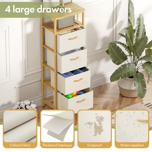 EZ2LIVE Bamboo Tall Skinny Dresser, Small Space Storage Narrow Dresser, 4 Large Water-Resistant Fabric Drawers, Small Dressers, for Bedrooms, Living Rooms, Hallways