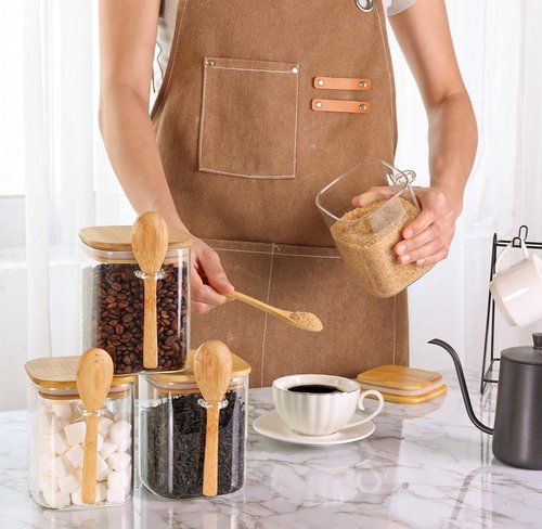 ComSaf Glass Jars Set of 4 - 0.8 Qt Square Containers with Bamboo Lids & Spoons for Pantry Storage