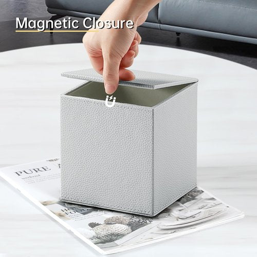 JLAMBOM PU Leather Tissue Box Cover Square Tissue Box Holder with Magnetic Closure, Decorative Tissue Holder for Bathroom Bedroom Office (Grey)