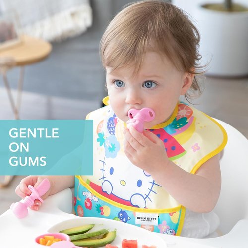 Bumkins Chewtensils Baby Utensils Set - Silicone Spoons & Fork for Self-Feeding | Hello Kitty Pink, 6 Months