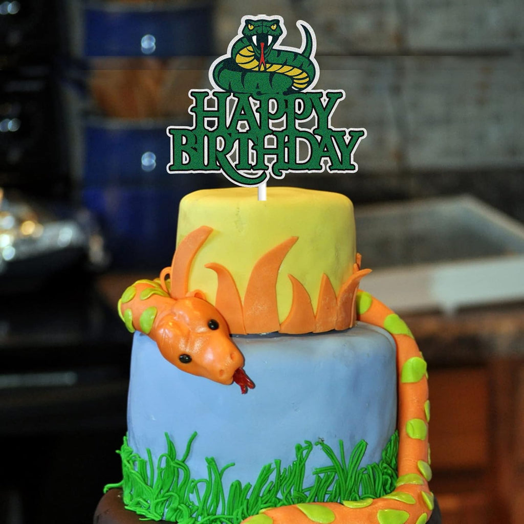 Snake Happy Birthday Cake Topper - Green Glitter Jungle Animal Theme Decoration for Kids & Adults
