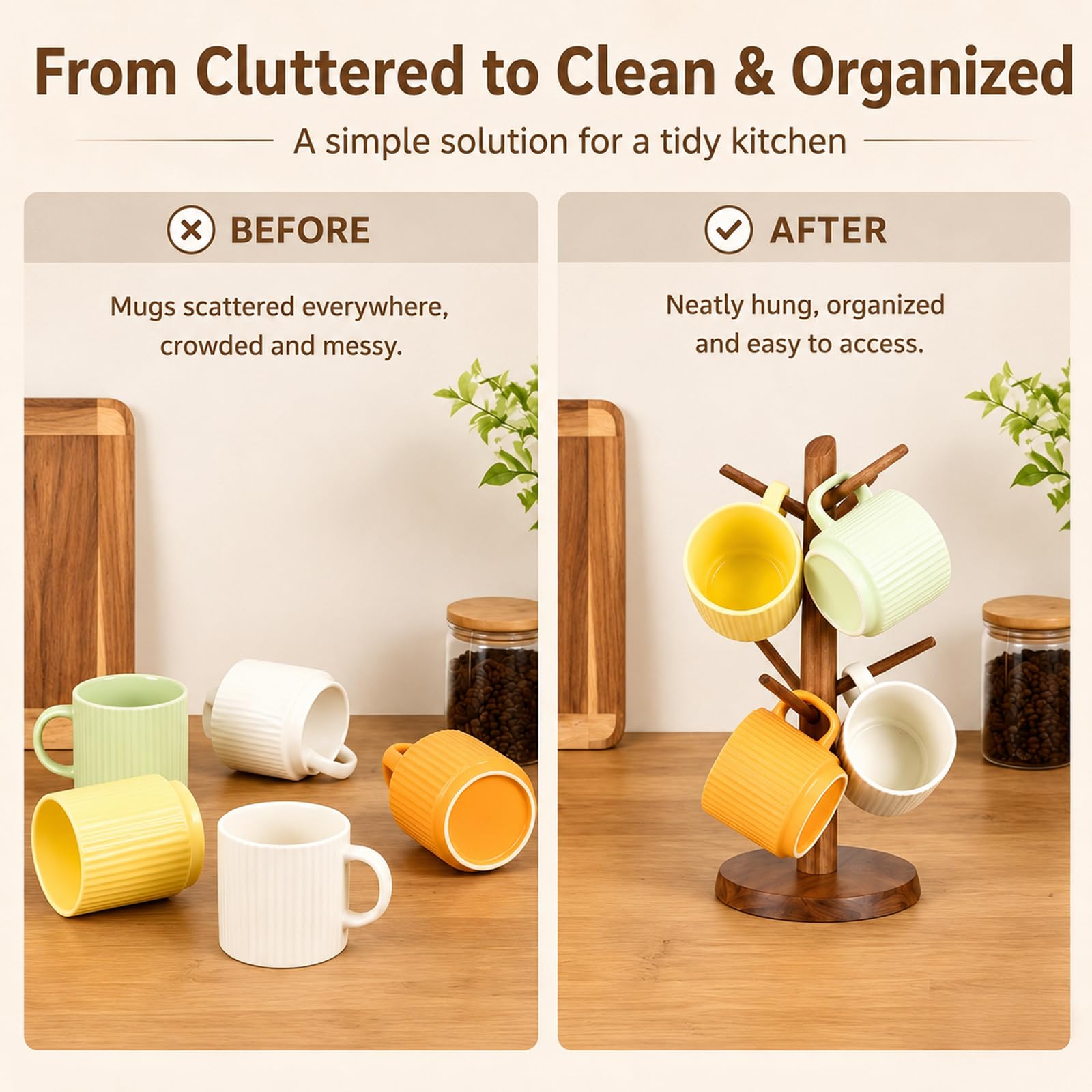 E-ROOM TREND Coffee Mug Holder Countertop Natural Acacia Wood Mug Tree, Wooden Mug Organizer with 6 Hooks for Kitchen Coffee Bar, Easy to Assemble, Ideal for Small to Medium Mugs