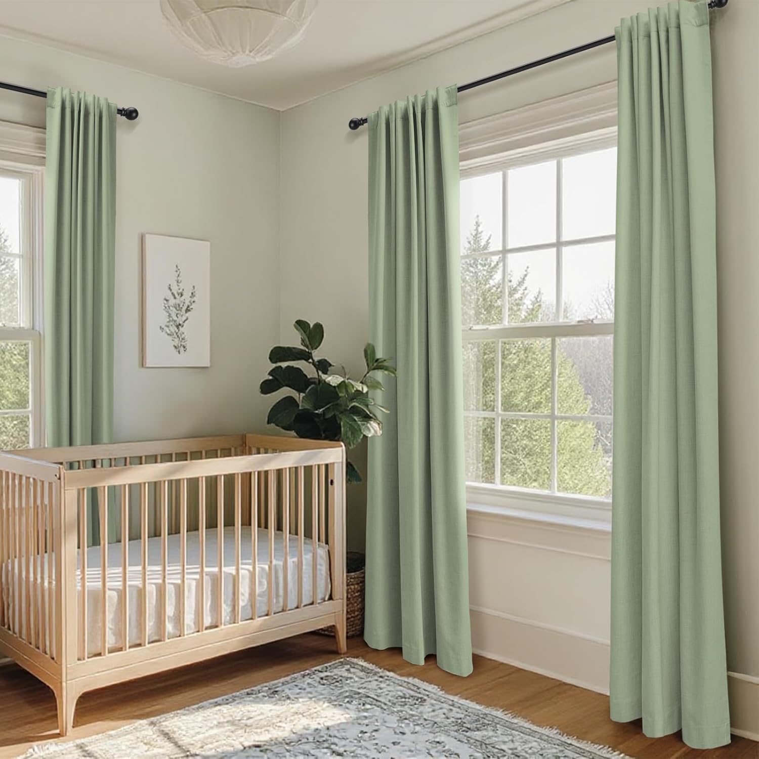Skiennix 100% Blackout Linen Curtains - Thermal Insulated Drapes for Bedroom | 2 Panels Set, 50" W x 96" L, Sage